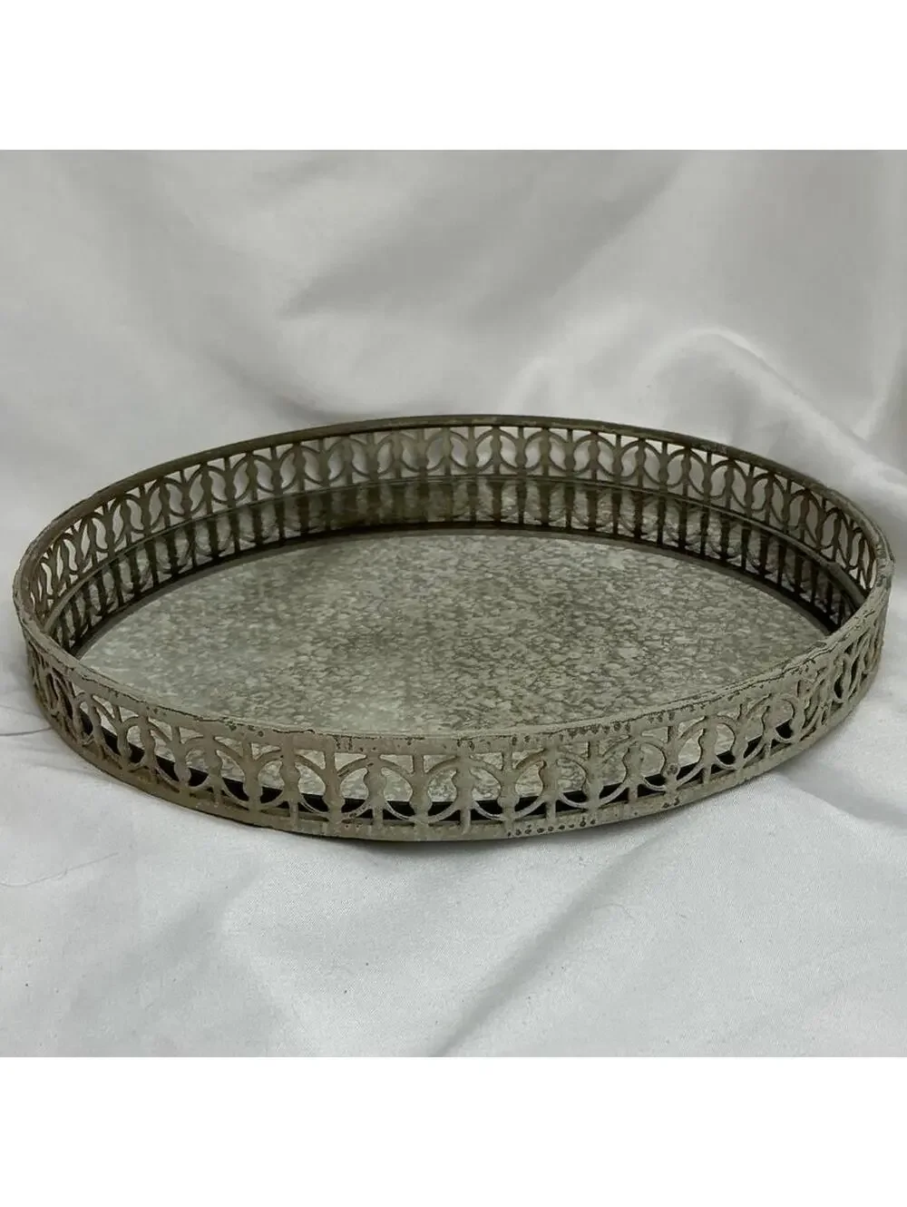 10” Vintage Vanity Antique Lattice Edge Gray Mirror Tray
